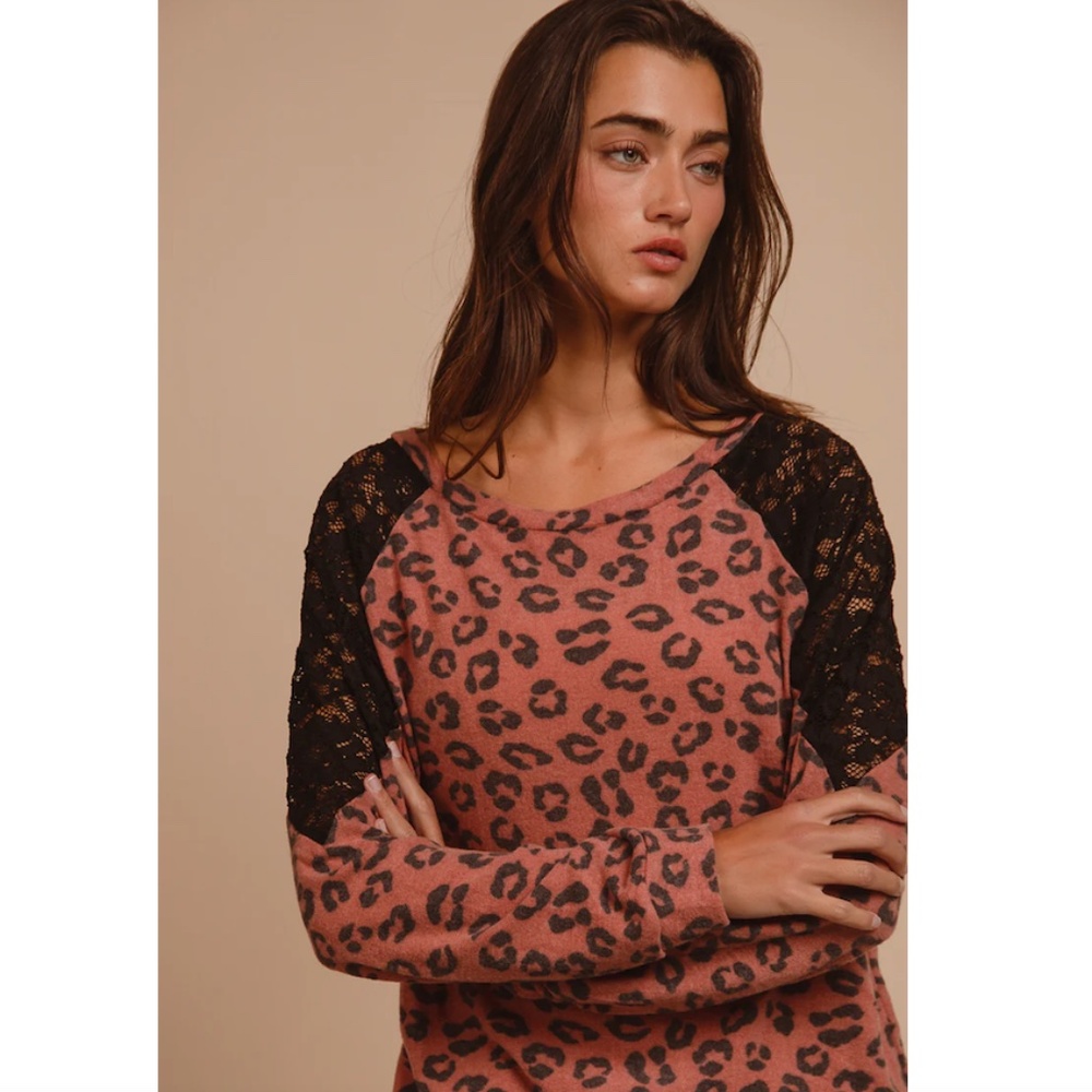 BiBi Pink Leopard Print Top with Black Lace Sleeves